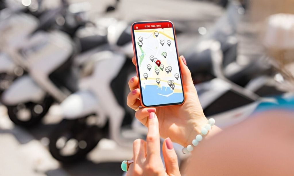 A woman in Dhaka uses a mobile app to locate and track a rented delivery scooter, illustrating modern GPS technology for e-commerce bike logistics.