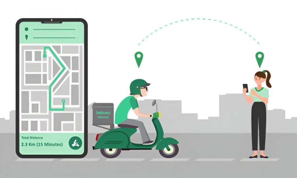 Mobile phone screen displays a fast food delivery by scooter, representing how GPS tracking improves efficiency and transparency for customers, drivers, and businesses.