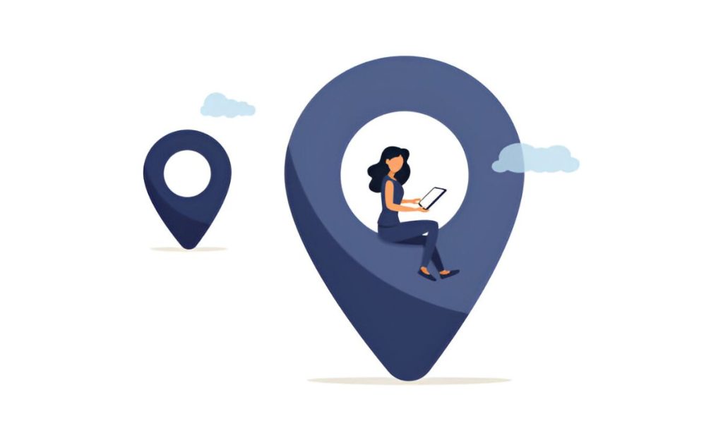 Businesswoman working remotely on a laptop placed over a location map pin, representing how voice-enabled GPS trackers function in remote work, freelancing, virtual offices, and global connectivity for distance workers.