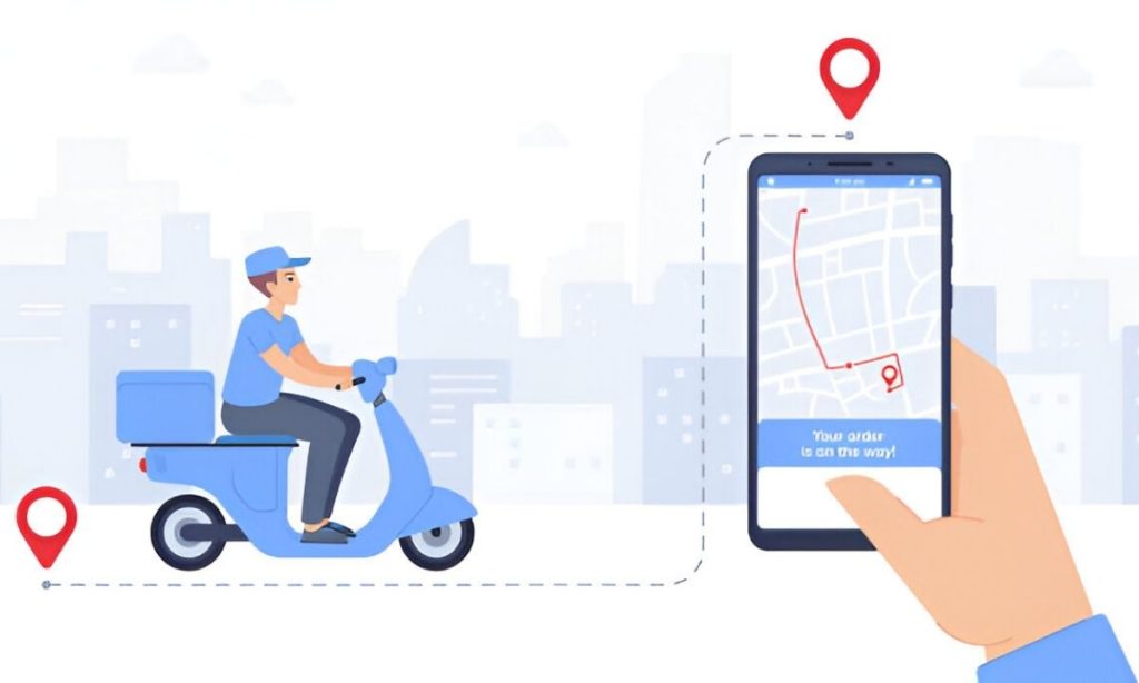Hand holding a smartphone with a live delivery tracking app as a courier on a scooter delivers a parcel, emphasizing GPS tracking’s value and ROI for e-commerce businesses.