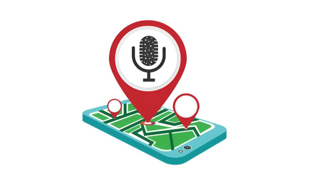 Visual of a map with microphone, USA and India flags, directional signs, and location markers, representing the future of voice-integrated GPS tracking technology for global navigation and real-time location services.