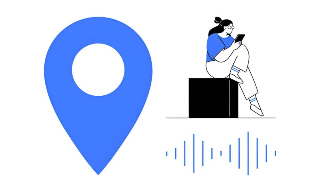 Woman sitting on a cube seat interacting with her smartphone next to a large blue location pin and audio waveform, symbolizing voice-enabled GPS trackers and smart navigation technology for remote work, communication, and social media use.