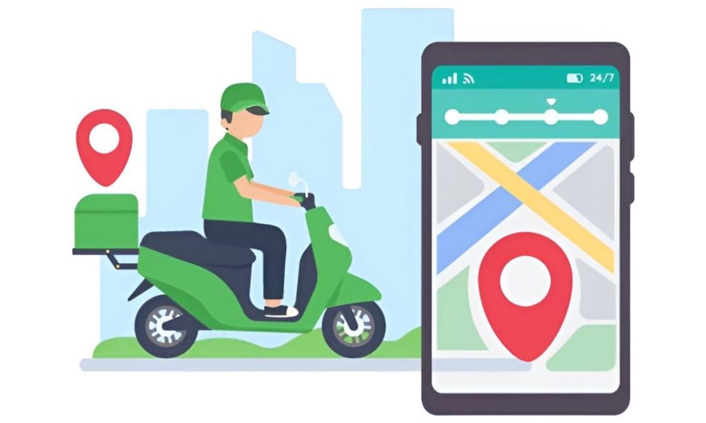 E-commerce delivery driver in Dhaka checks GPS map on smartphone while riding a bike, highlighting the importance of real-time tracking in online order delivery.